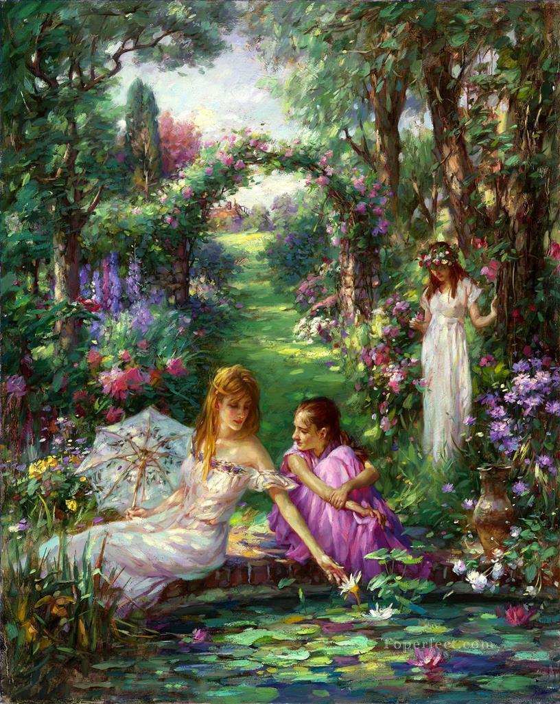 Water Lily Pond girls beautiful woman lady Oil Paintings
